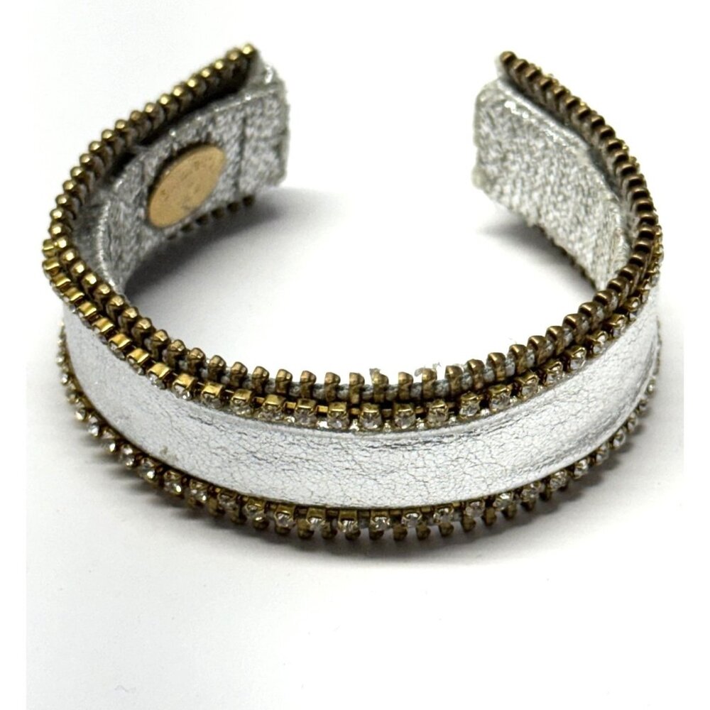 Vintage silver leather zipper rhinestone cuff bracelet